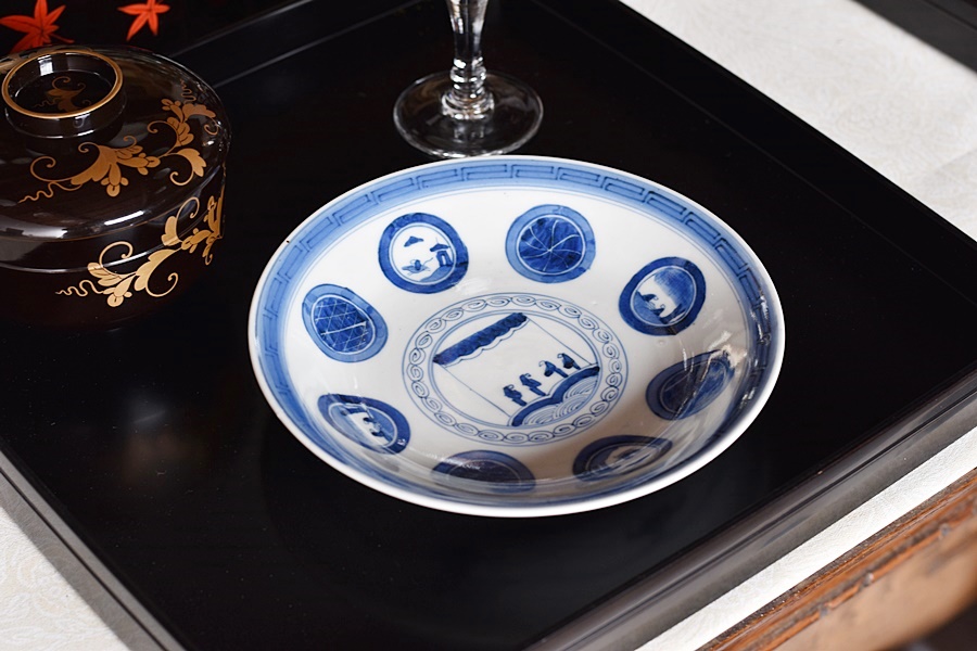 古伊万里 染付 葡萄文 六寸皿 江戸時代 骨董 アンティーク 金継ぎ