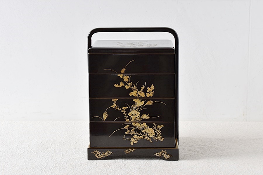 輪島塗 沈金蒔絵 草花蒔絵 朝顔 提重箱 手提げ重箱 - 生活骨董と古布の