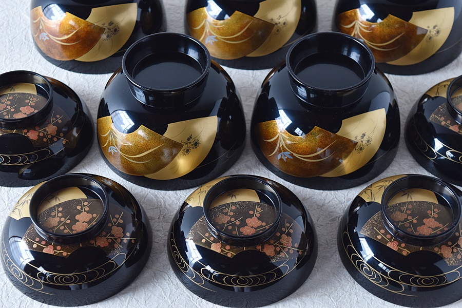 輪島塗 扇面蒔絵 松竹梅蘭菊 流水 雑煮椀 5客セット - 生活骨董と古布