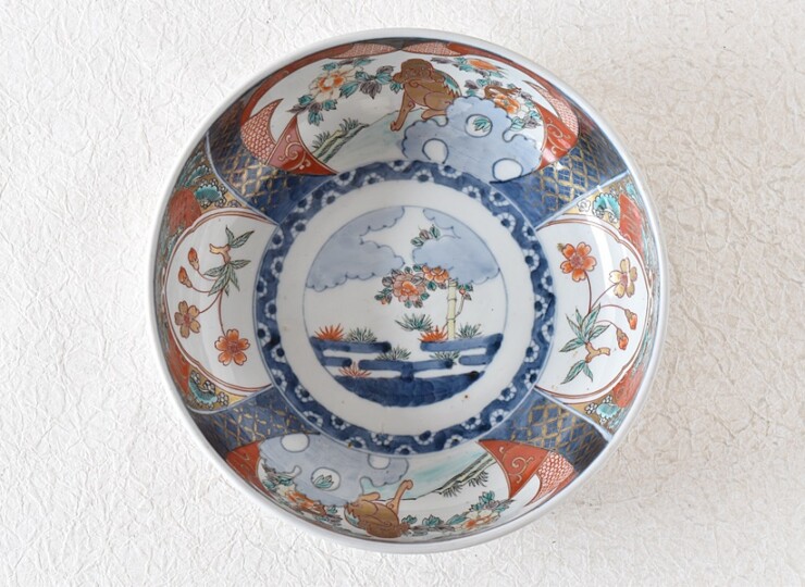 伊万里 色絵 唐獅子牡丹 桜 福文 二重高台 鉢 大 - 生活骨董と古布の