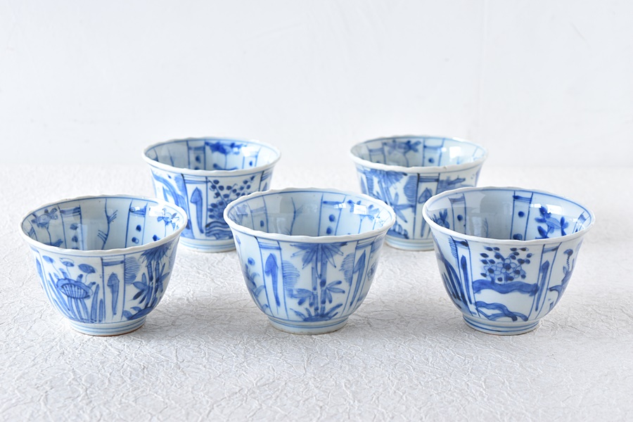 王地山焼 染付 芙蓉手 古染付写し 三田焼 向付 5客セット（内1客傷