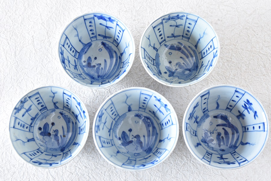 王地山焼 染付 芙蓉手 古染付写し 三田焼 向付 5客セット（内1客傷