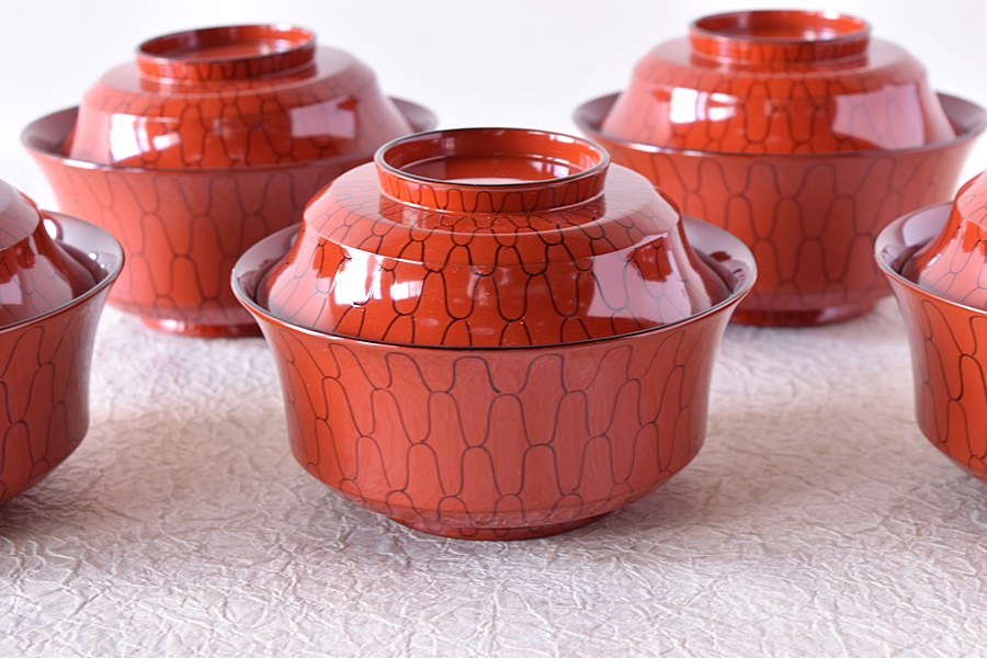 輪島塗 塗師陽斎 赤漆塗 網手煮物椀 5客セット - 生活骨董と古布の