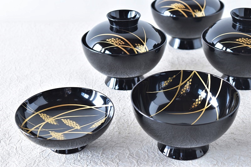 平安象彦 黒漆塗り 稲穂 金蒔絵 吸物椀 5客セット - 生活骨董と古布の