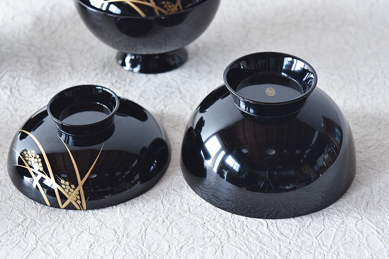 平安象彦 黒漆塗り 稲穂 金蒔絵 吸物椀 5客セット - 生活骨董と古布の