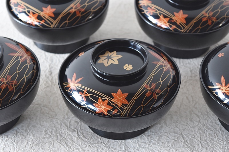 AO2 輪島塗 煮物椀五客 春秋雲 絵付 桜紅葉雲図 木製漆塗り 木箱入り