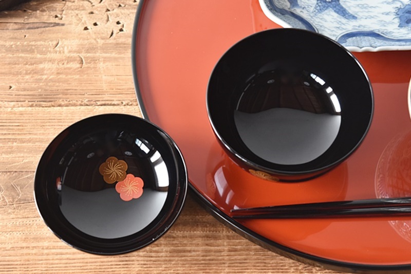 天然木製漆塗 輪島塗 梅蒔絵 吸物椀 5客セット 蒔絵師信斎 塗師静峰