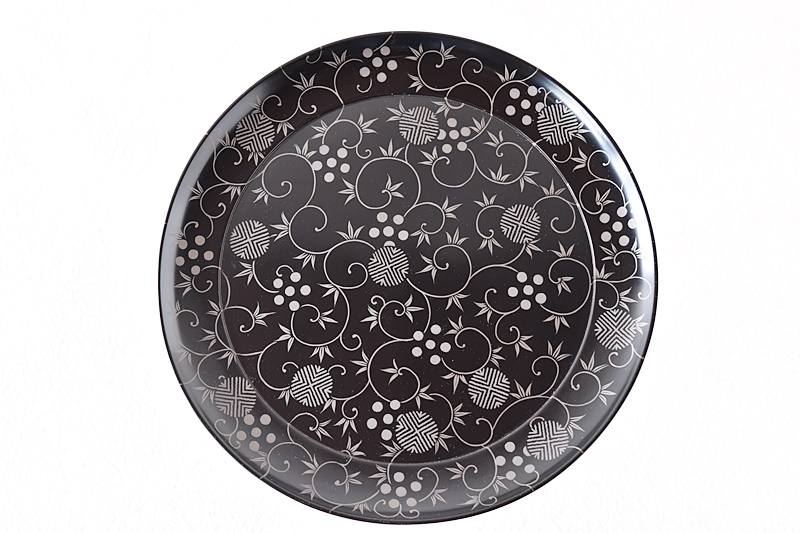 天然木製漆塗 黒塗り 銀唐草蒔絵 高月 高杯 - 生活骨董と古布の