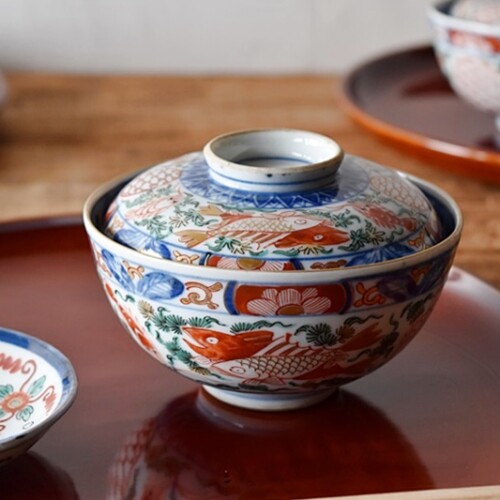 大聖寺伊万里 色絵 紅白 双魚 海老 丸文 蓋付茶碗 - 生活骨董と古布の