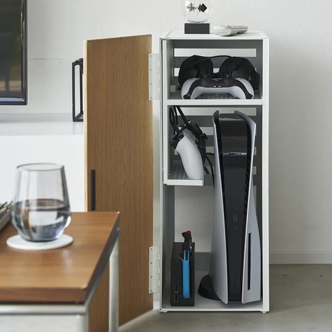 山崎実業、PS5とSwitch本体がまるごと入る「ゲーム機収納ラック タワー