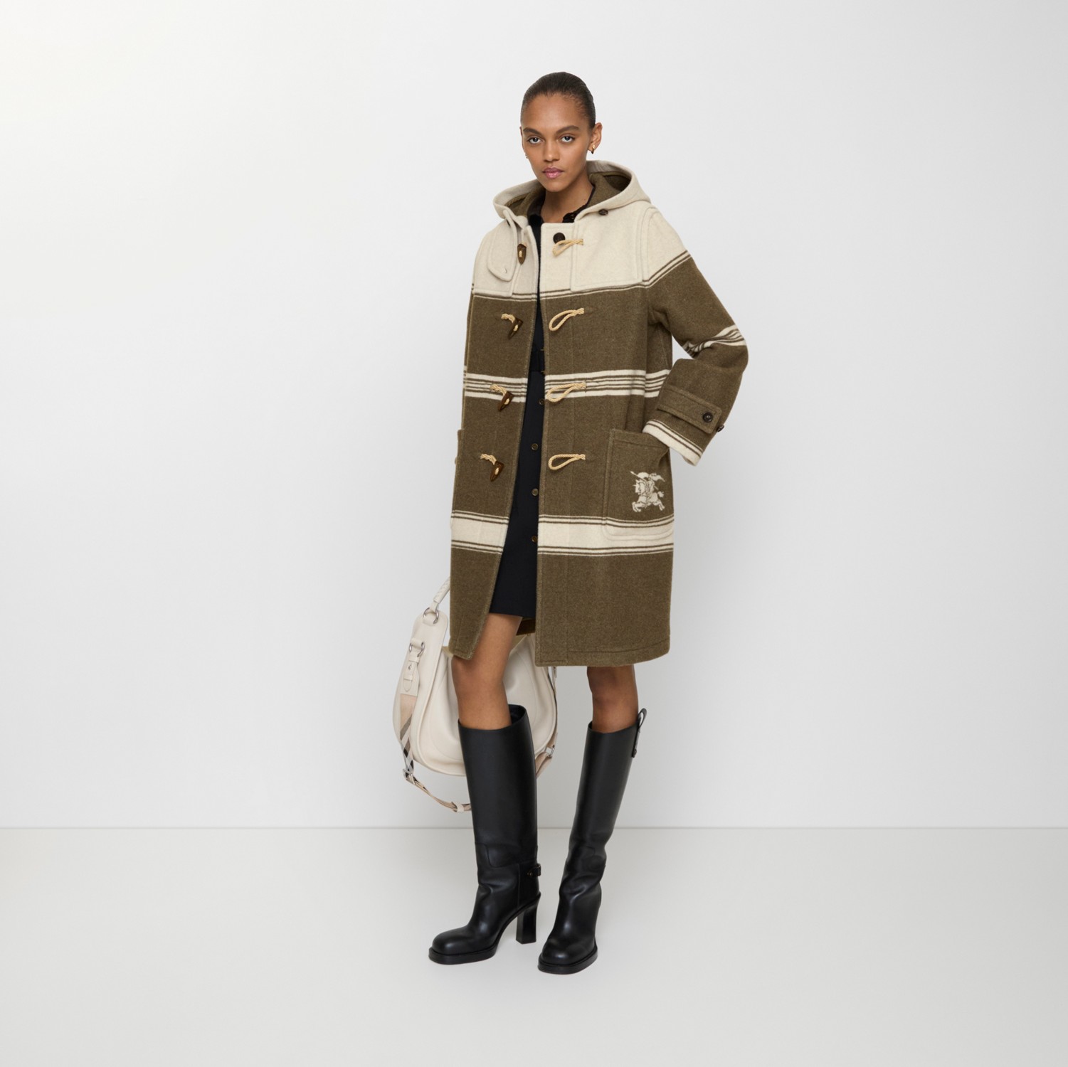 Striped Wool Cotton Blend Duffle Coat in Scout green - Women