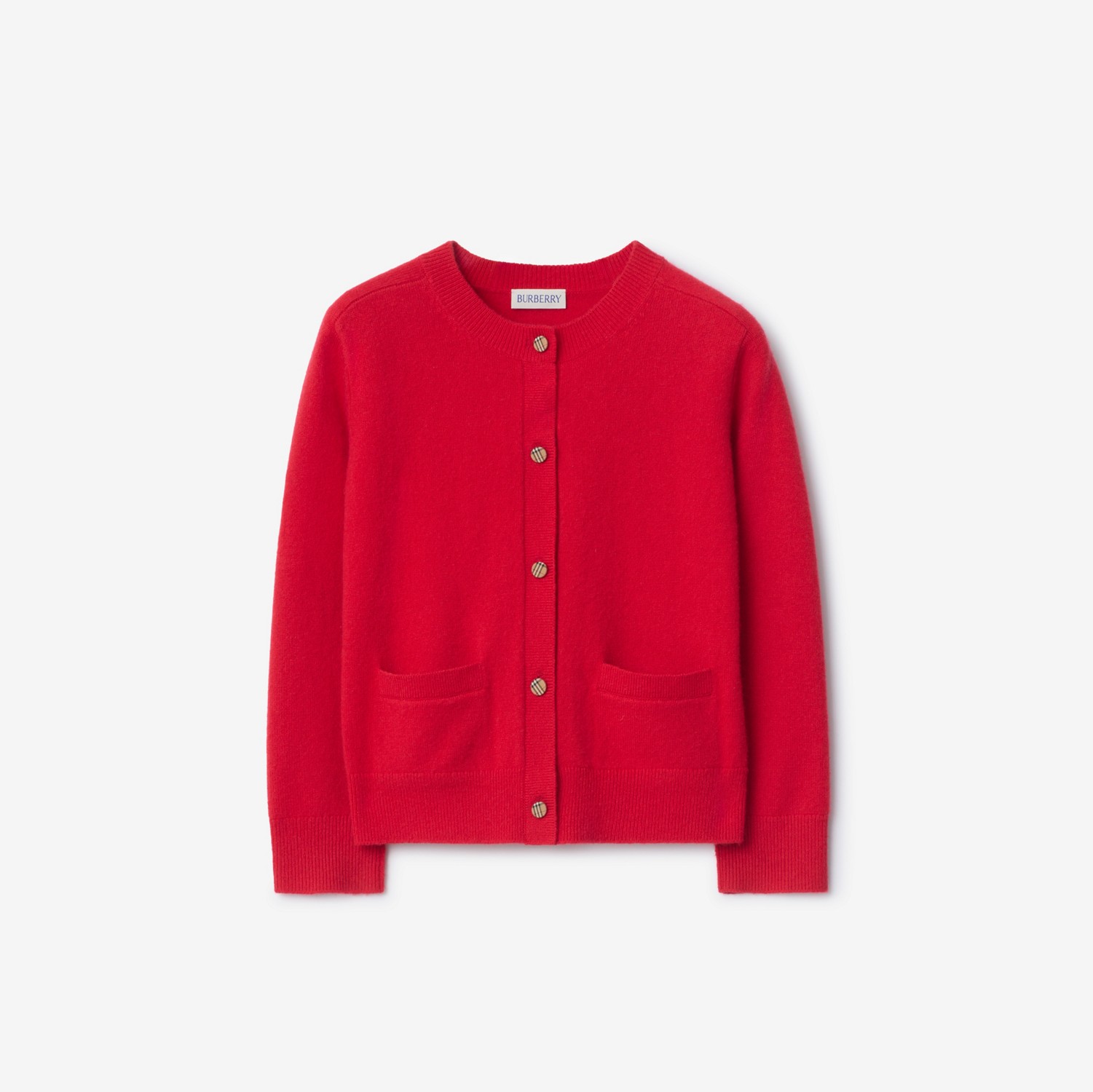 チェックパッチ ウールカシミア カーディガン (ピラーレッド