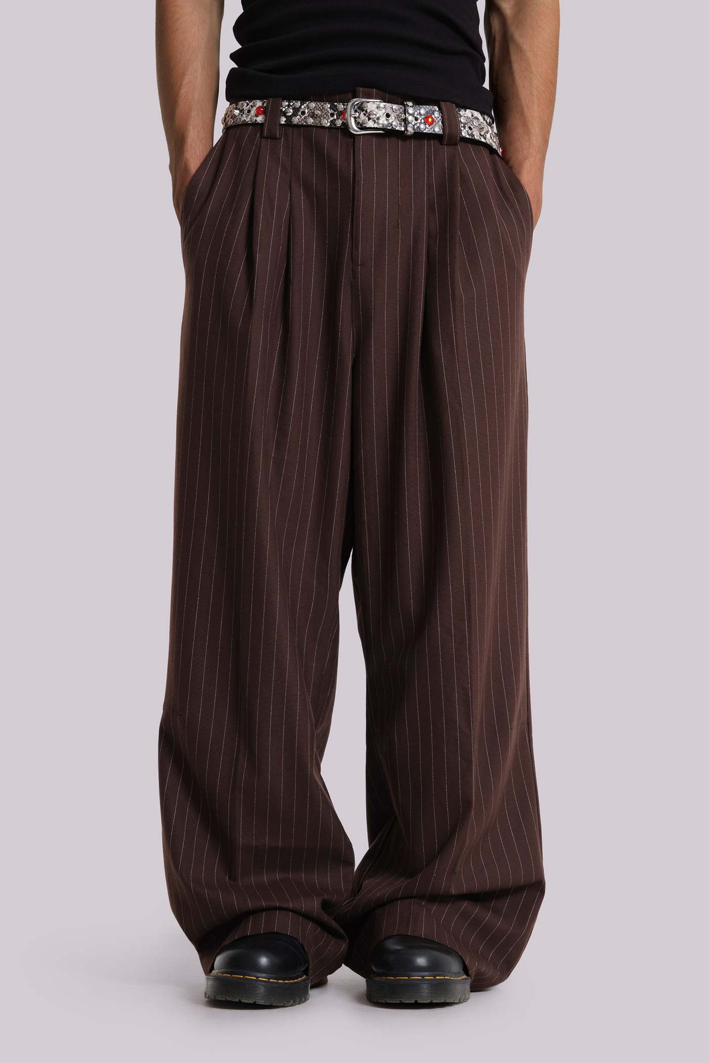 Chocolate Brown Pinstripe Goliath Suit Pants | Jaded London | Clothing