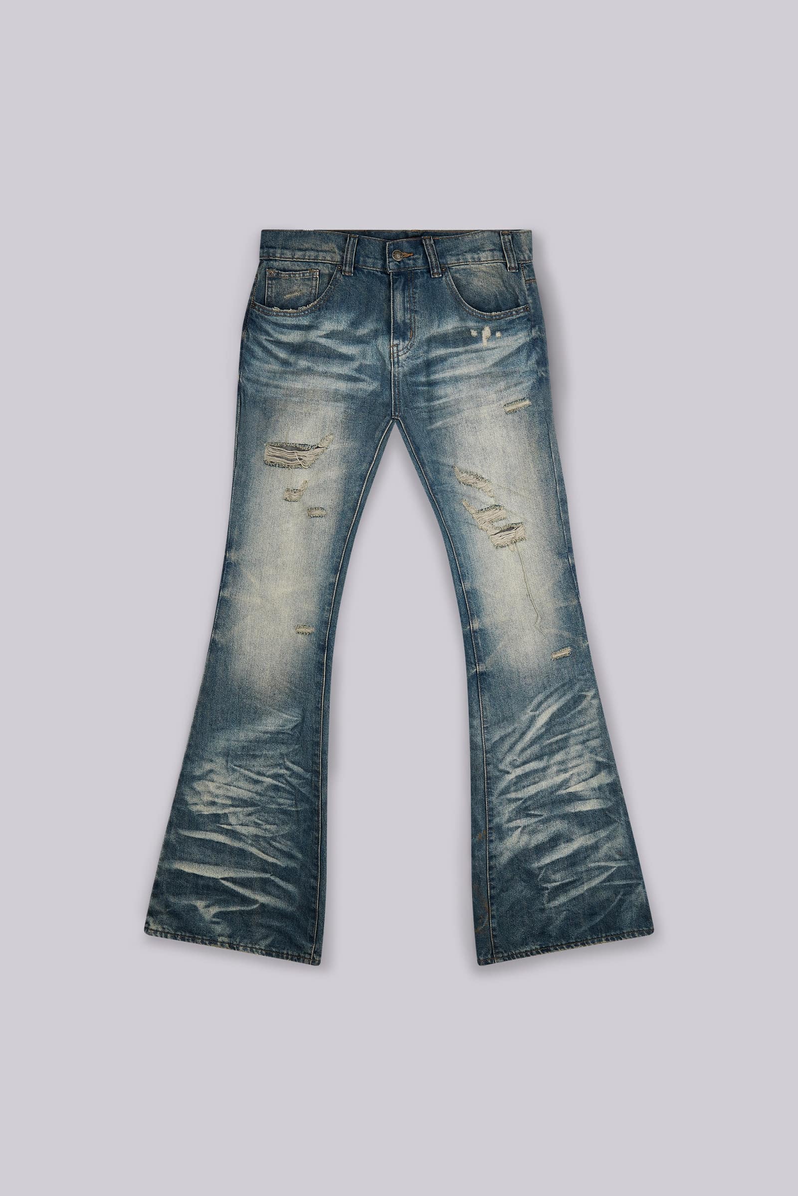 Mid Blue Distressed Creased Drift Bootcut Jeans | Jaded London