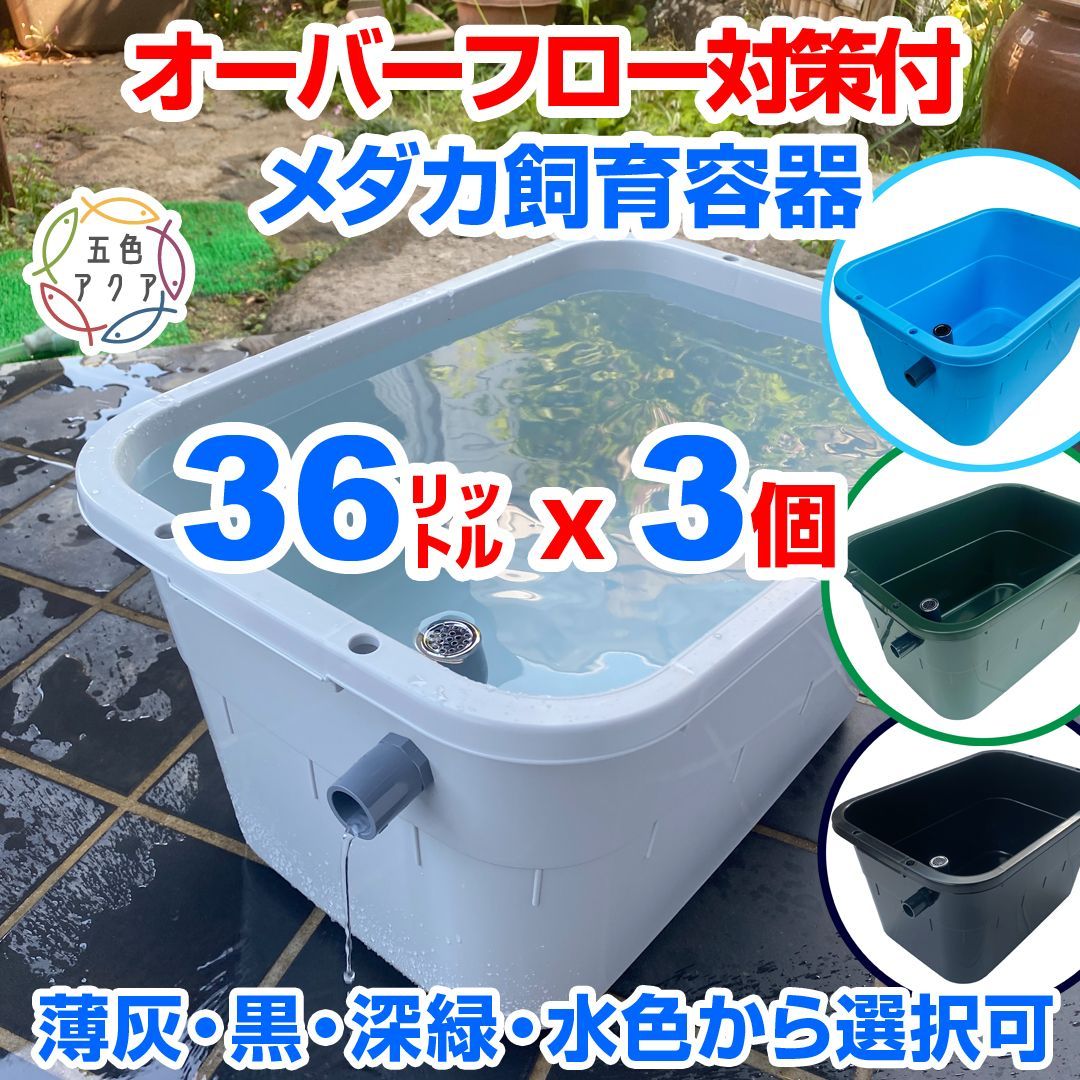 メダカ飼育ケース 36㍑x3個【4色あり】大雨でも安心 メダカ飼育容器