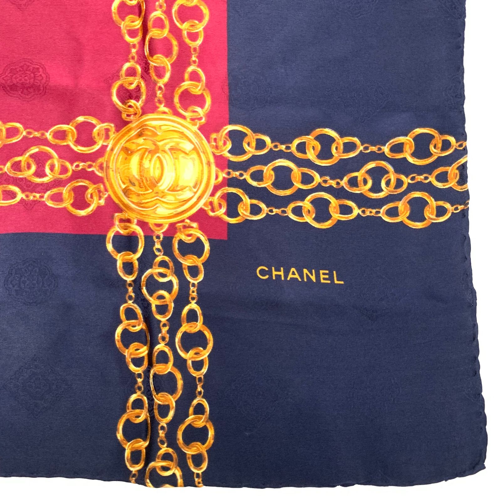 CHANEL シャネル シルク スカーフ 大判 ココマーク チェーン柄 ワイン