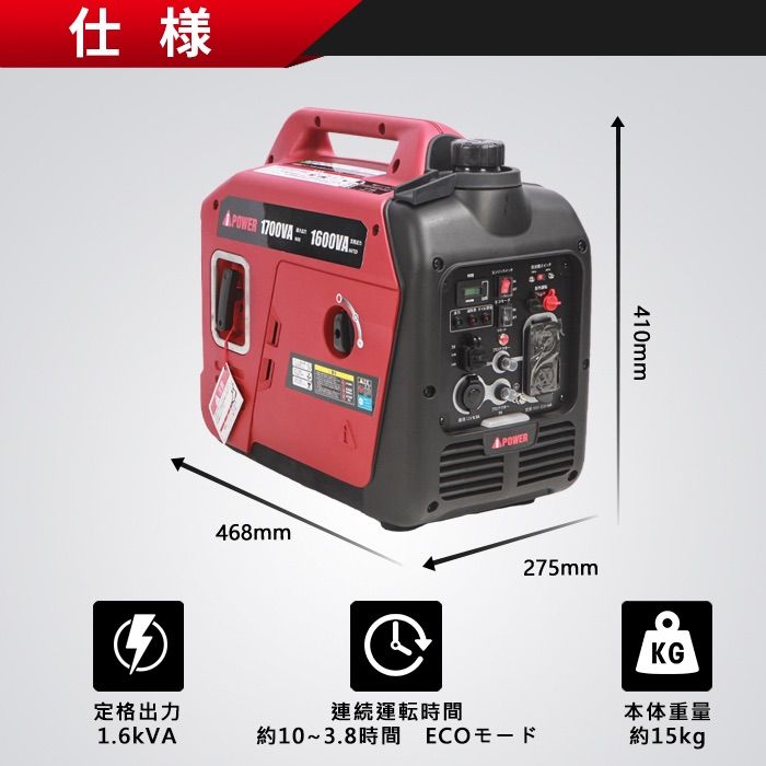 新品・送料無料】インバーター発電機 定格1600w Aipower - メルカリ