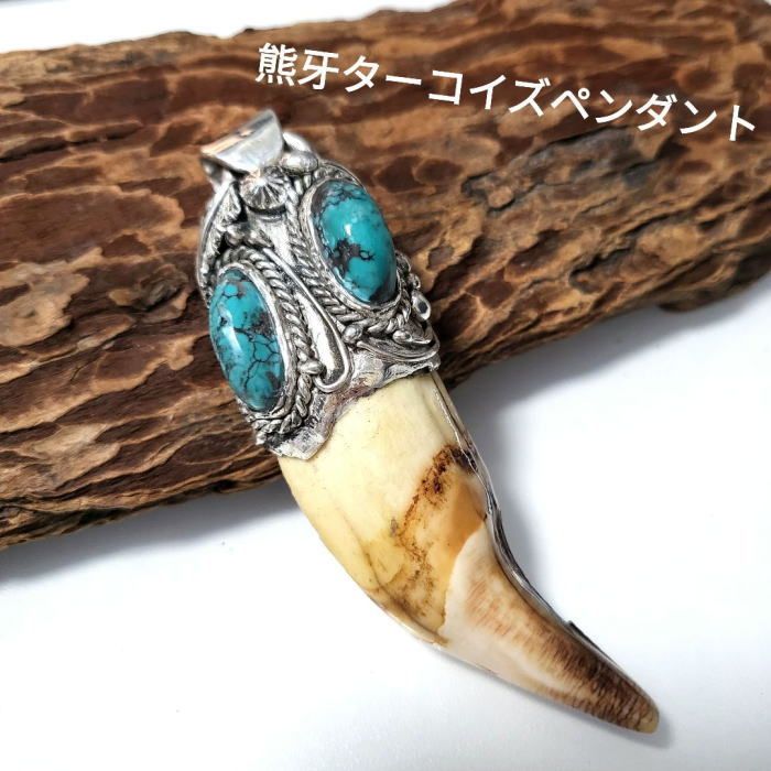rym-130 熊牙 Wターコイズ ペンダント 一点物 ネックレス ハンドメイド