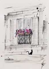 原画#337 黒猫 猫 薔薇 花 青 水彩画 ドローイング インテリア