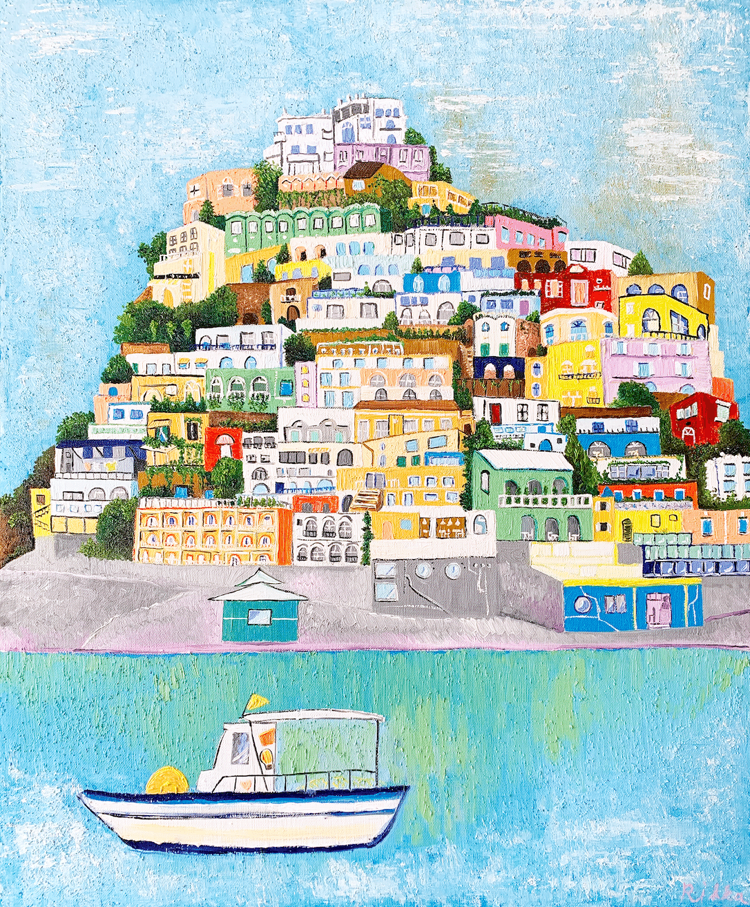 油彩画「海辺の街」を描きました｜芸術 絵画｜雨星立夏 Rikka Amahoshi