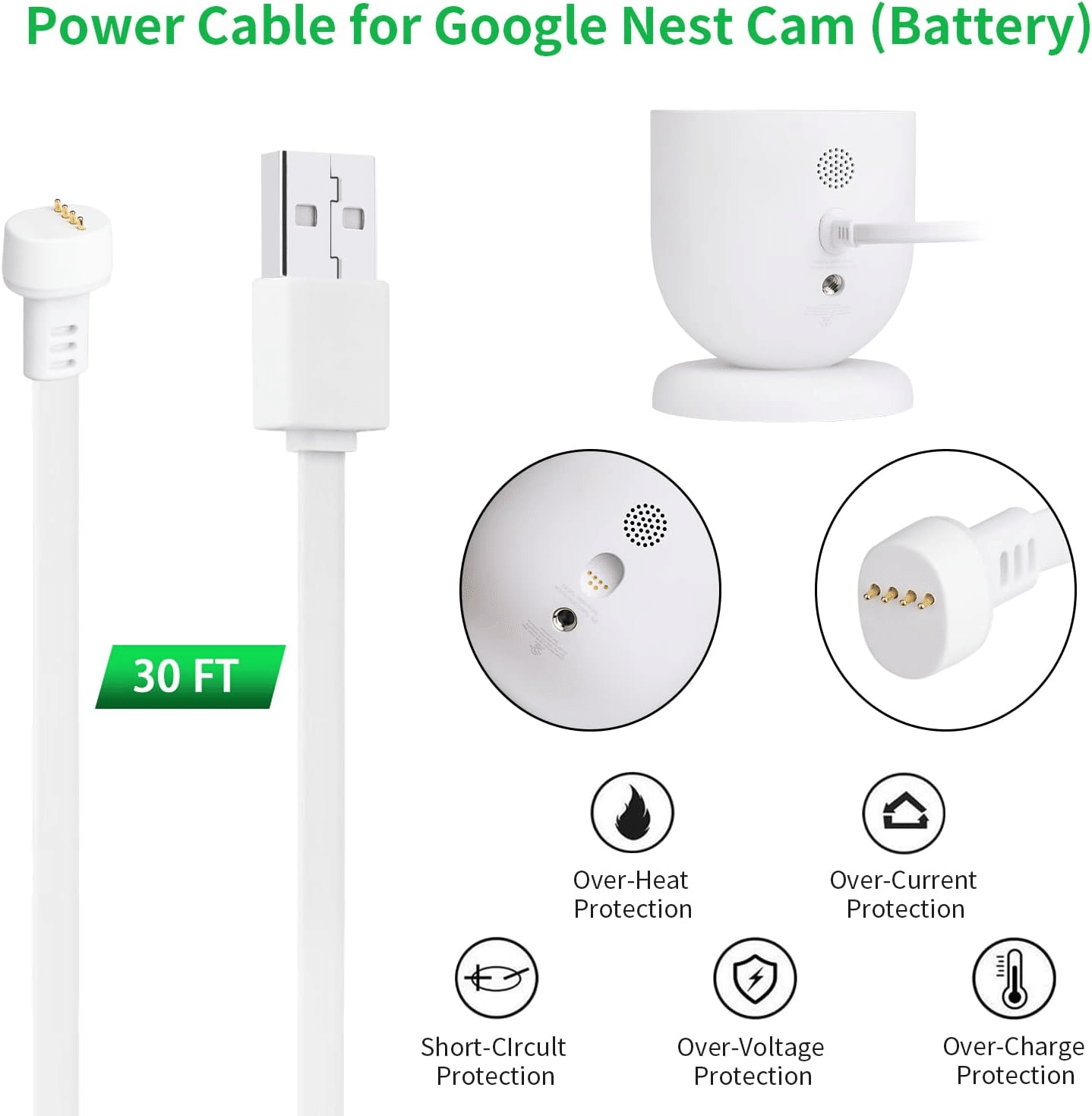 wochel Google Nest Cam 30フィート防水ケーブル ホワイト｜GetGadgetGot