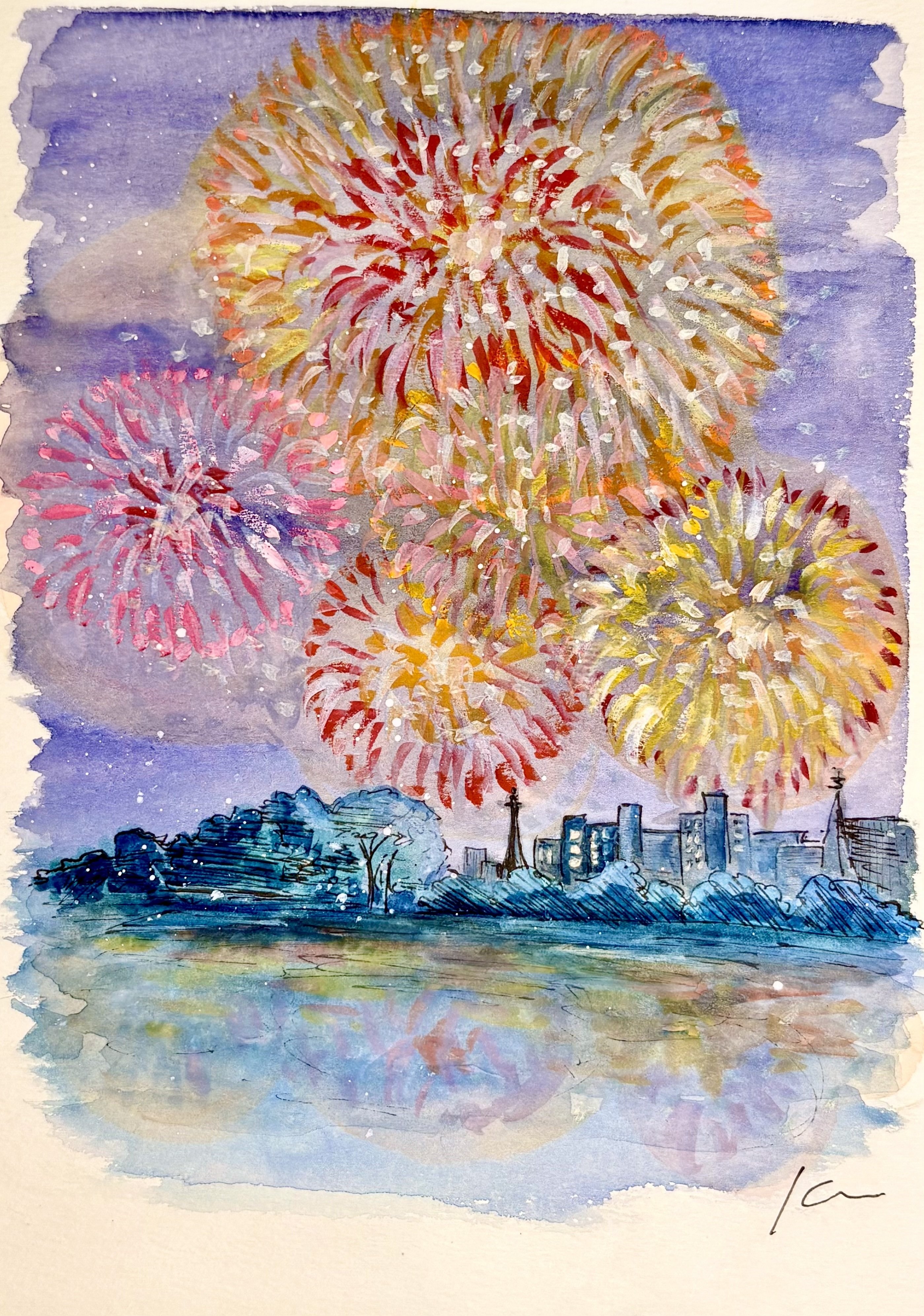 花火は心に残り続けるアートだと思った。【水彩で描いてみた。】｜Kee