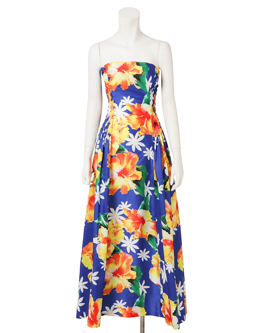 ベアトップシャーリングドレス（スパークルハイビスカス）ブルー