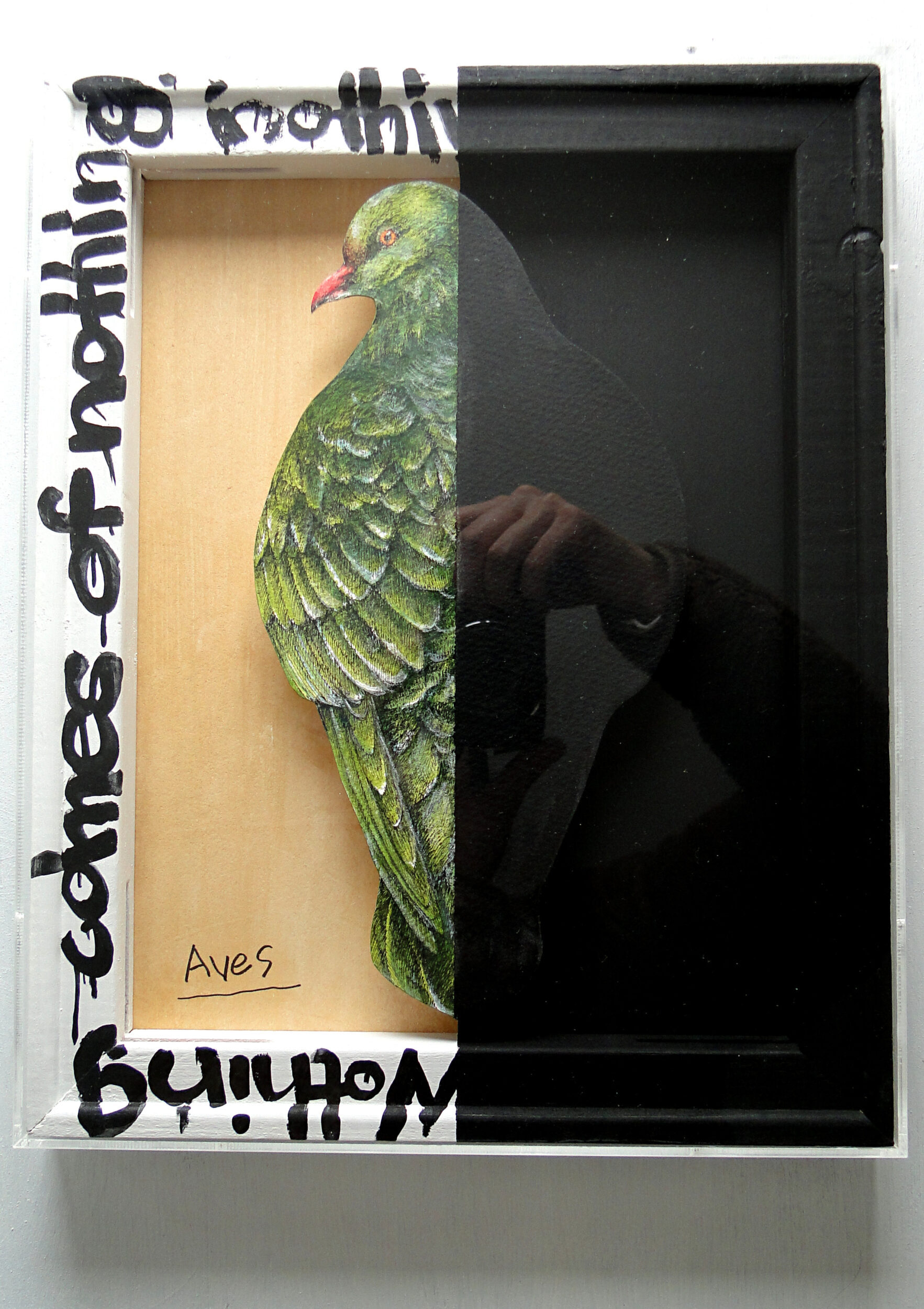 立体的な緑の鳥の絵画 アート 原画 アクリルフレーム 動物の絵 水彩画