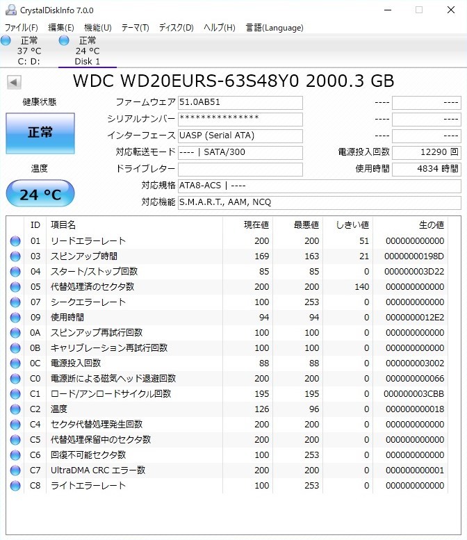 DIGA HDD 2TB増量換装/修理/交換用(使用4834時間） (WESTERN DIGITAL製