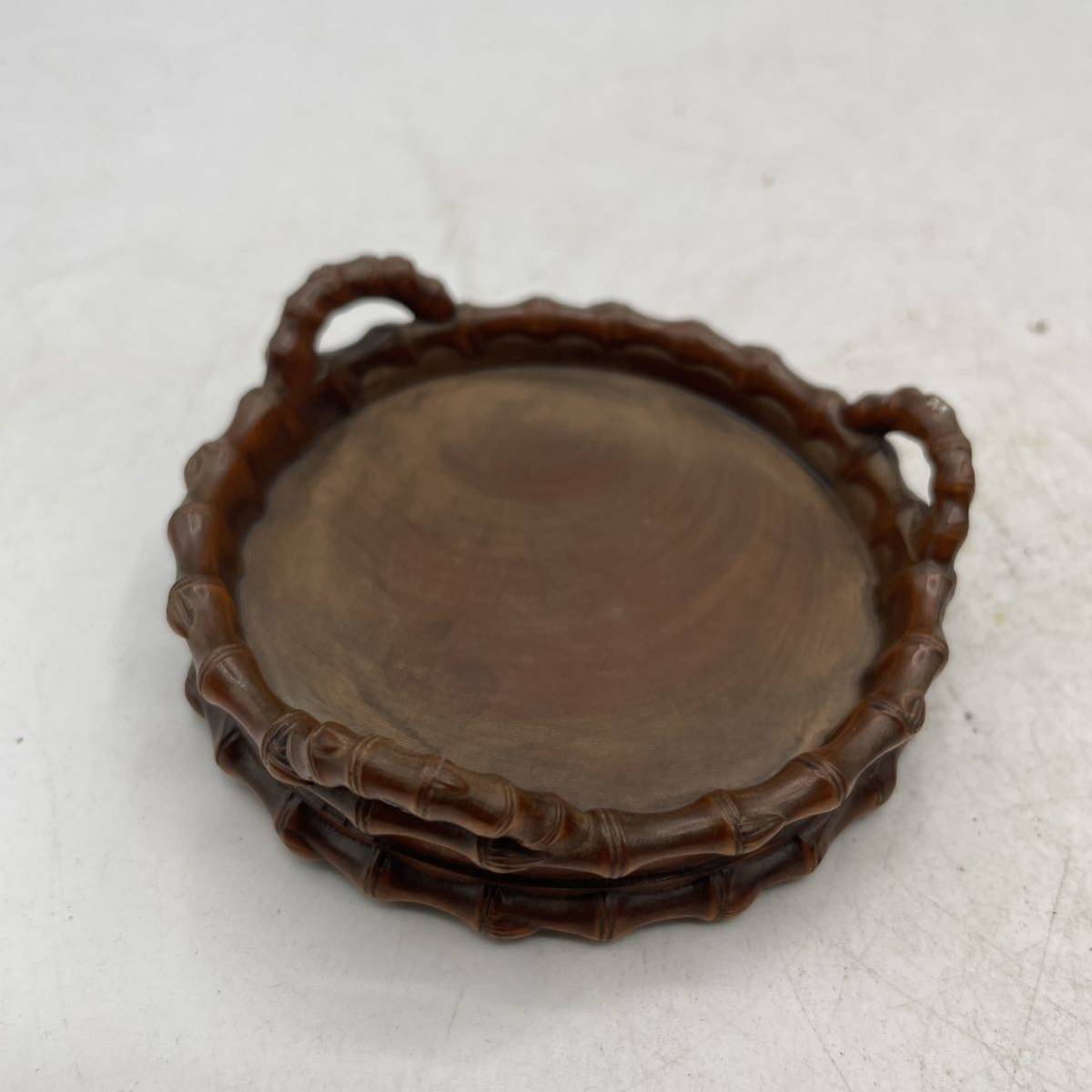 時代中国美術木工竹紋透し彫り香炉台座・木箱付/ 唐物古玩木工芸香炉