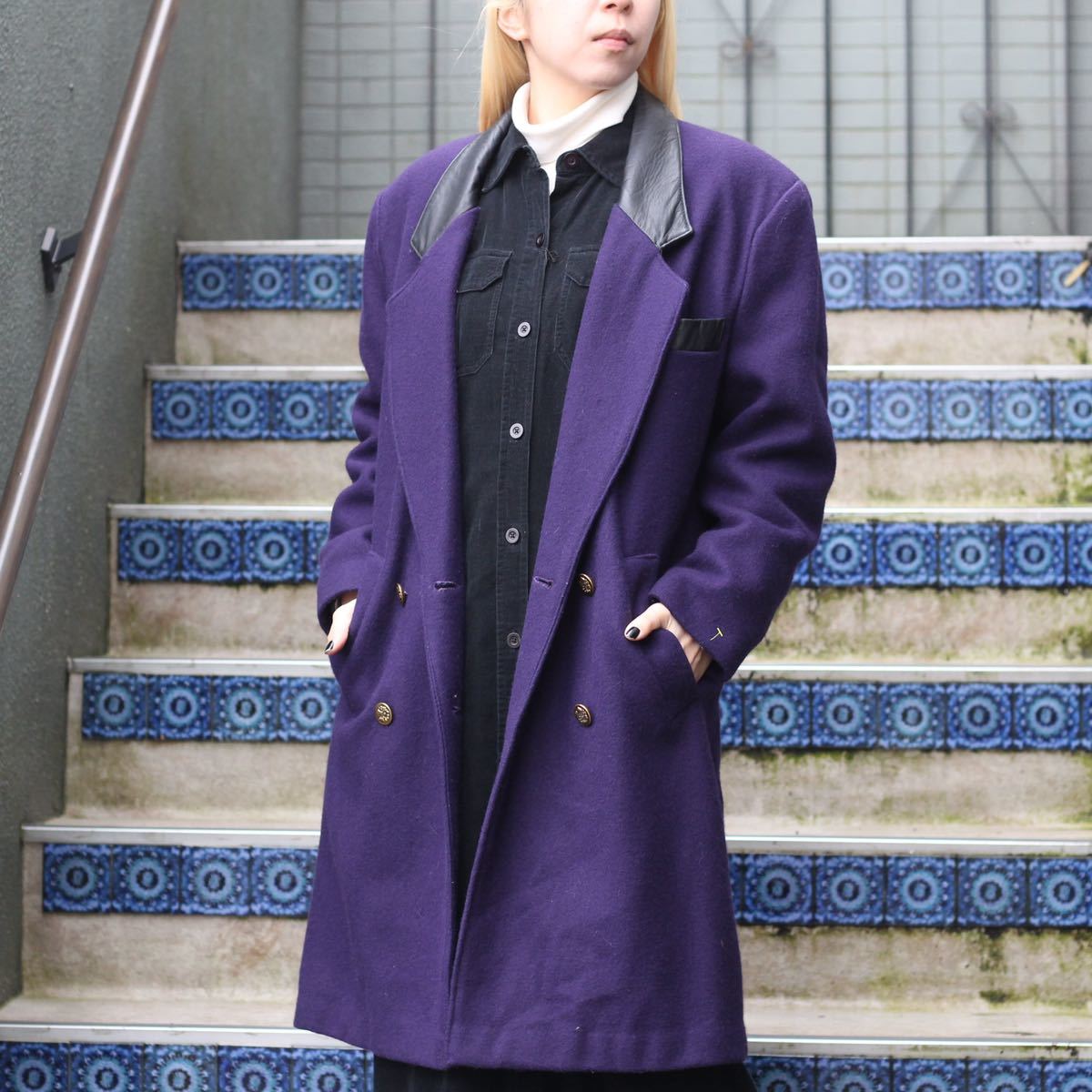 USA VINTAGE LEATHER COLLAR WOOL CHESTERFIELD COAT/アメリカ古着