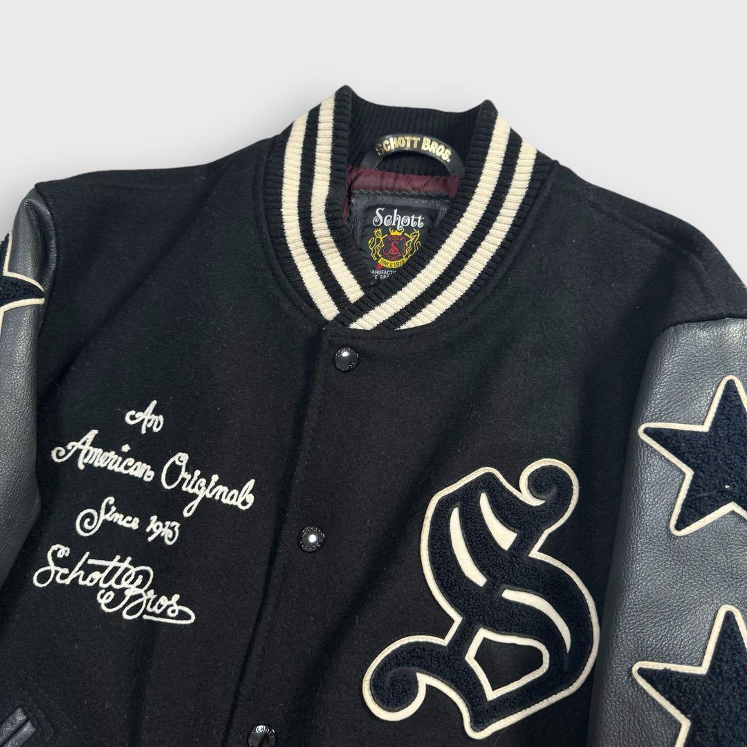 XL SCH0TT ショット スタジャン ウール 袖レザー ブラック ワッペン