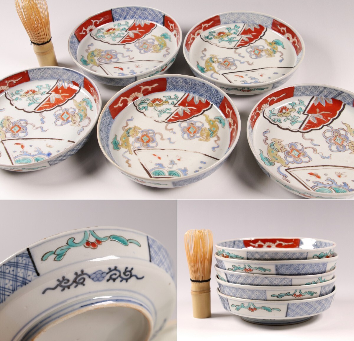 珍）レトロアンティーク 佐賀 古伊万里焼 白磁色絵 唐草桐紋錦絵角皿