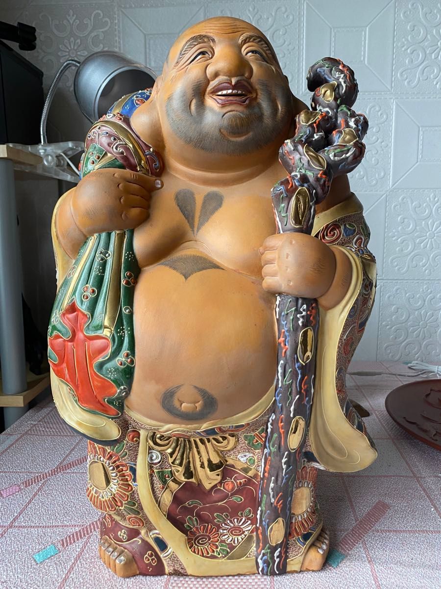 九谷焼 布袋尊 金彩 色絵 布袋像 特大約45cm 美品陶器製 骨董品 七福神