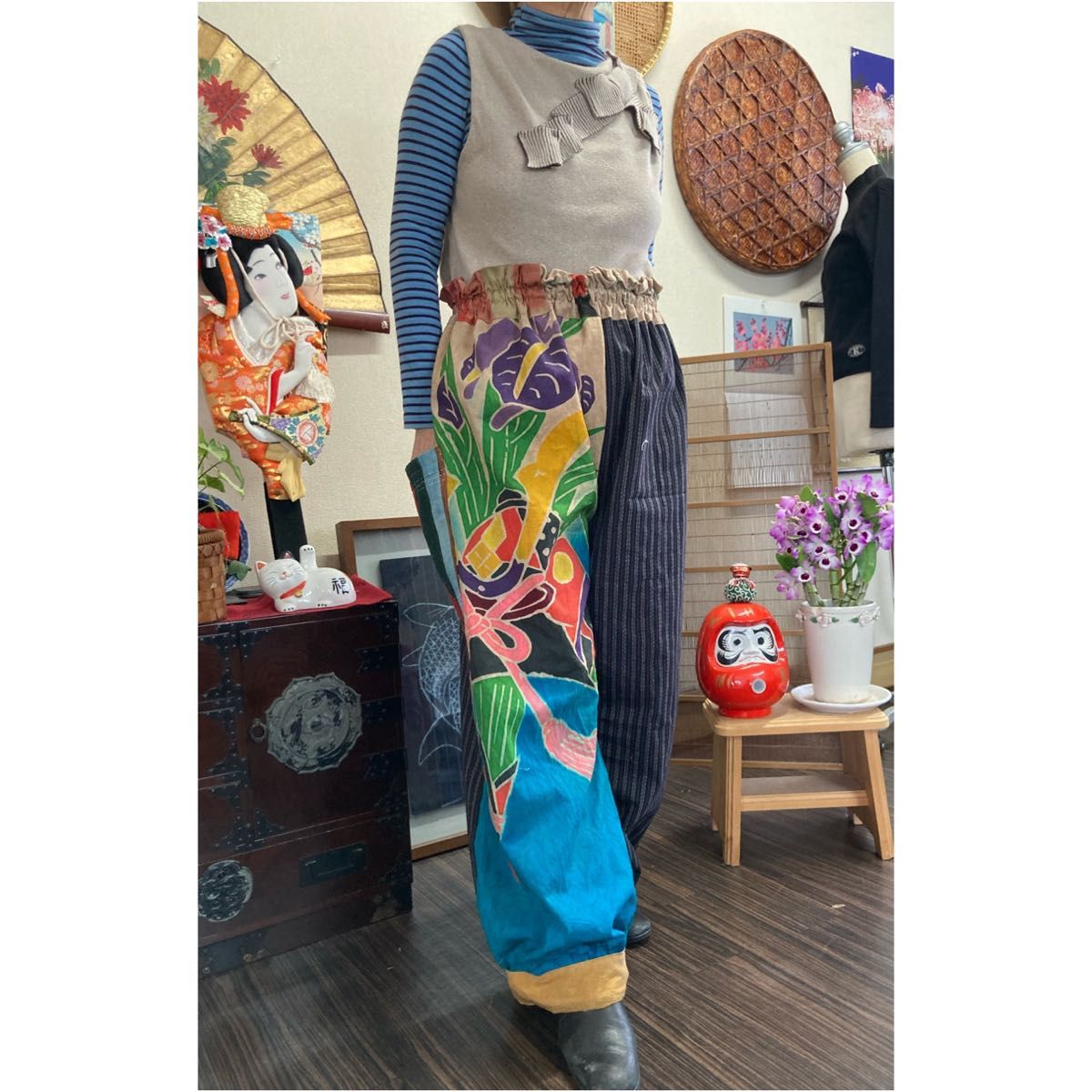 ☆柿渋染☆家紋幟旗と前掛けのパンツ 柿渋染☆家紋幟旗と前掛けの