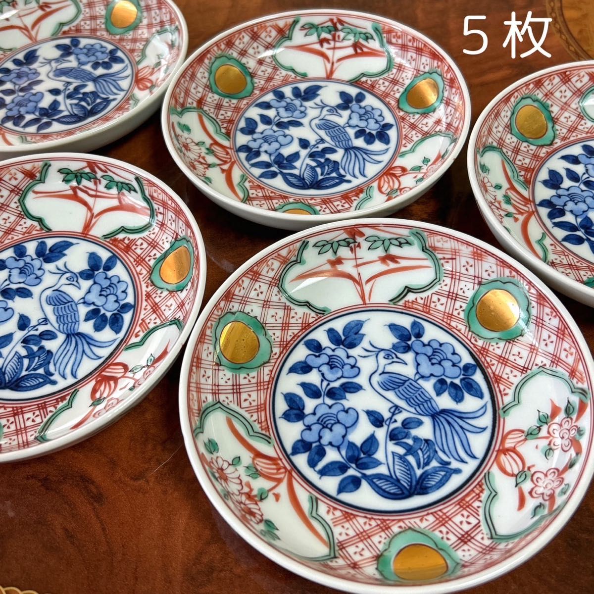 清水焼 たち吉 赤絵花鳥 金彩丸紋 銘々皿揃 5枚セット 呉須 染付 小皿
