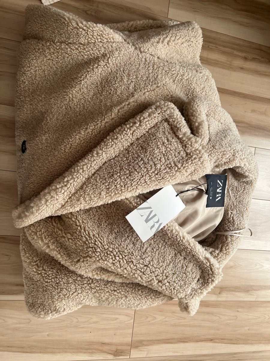 ZARA エクストラロングフェイクボアコート M コムギ 新品｜Yahoo