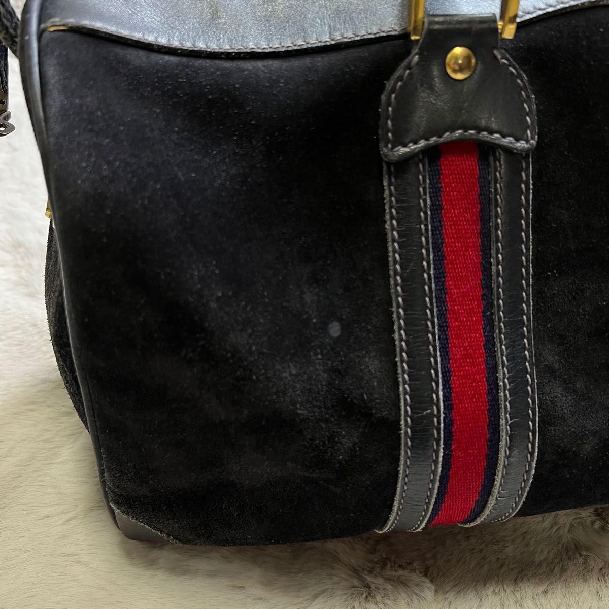 極希少 グッチ GUCCI ボストンバッグ スエード シェリーライン 黒 本革