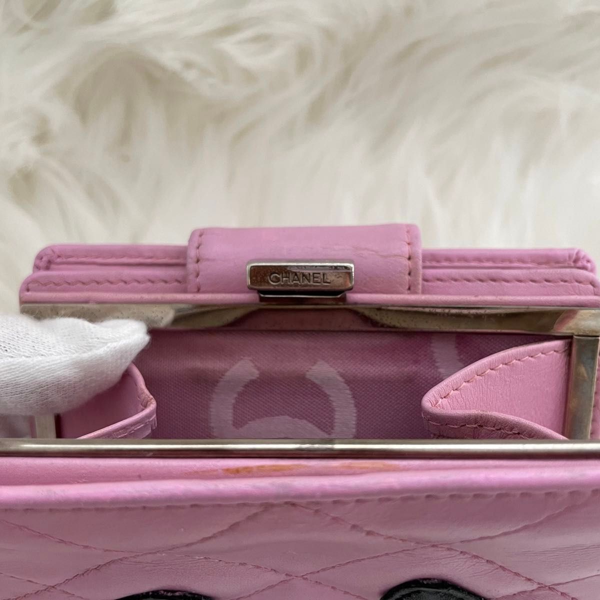 美品 シャネル CHANEL財布二つ折り カンボンライン ココマーク ピンク