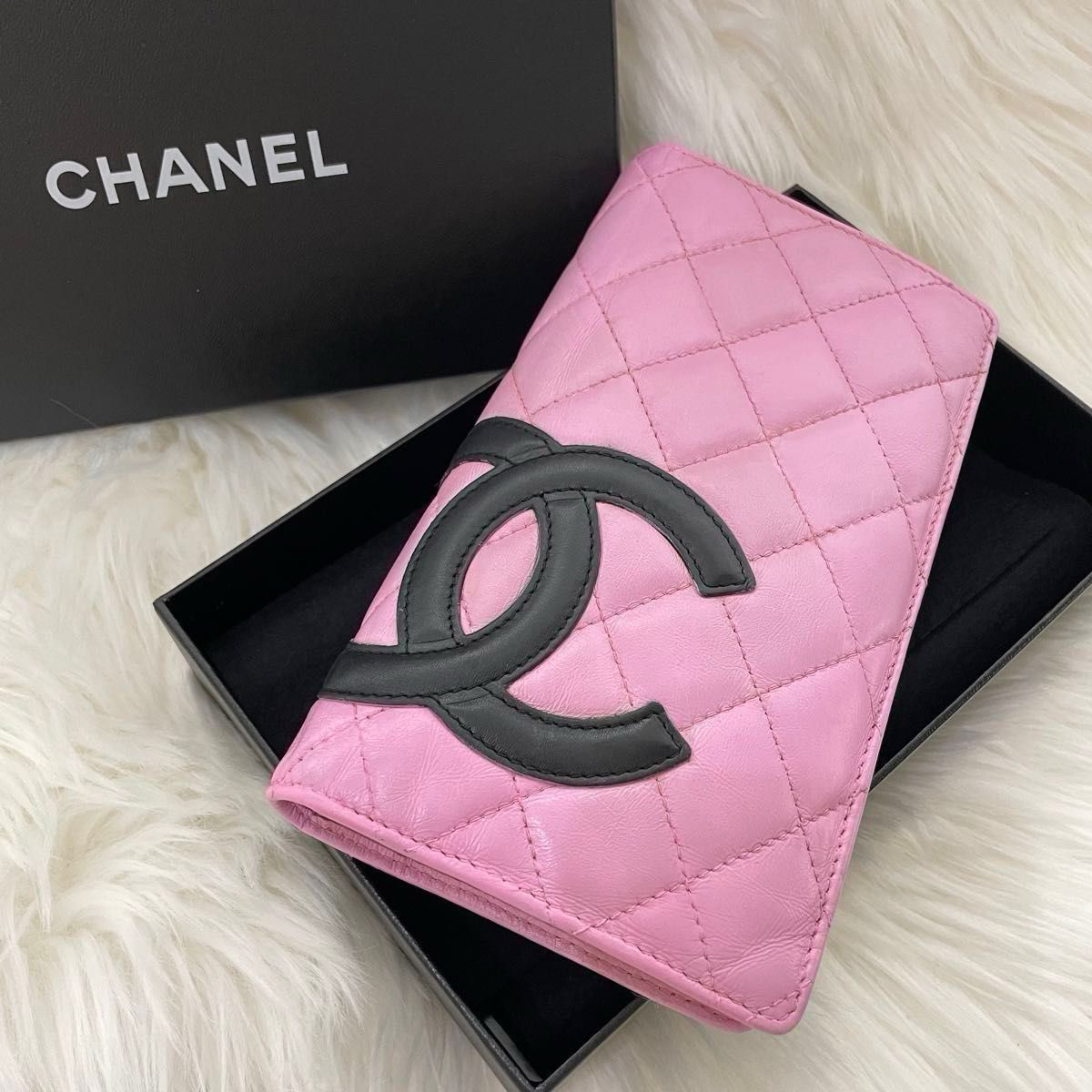 シャネル CHANEL二つ折り 長財布 カンボンライン ココマーク ピンク 黒