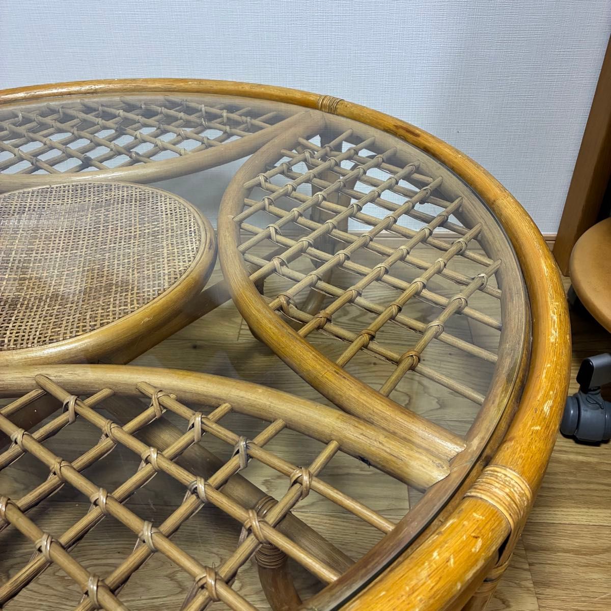 ラタン ガラステーブル 円形90cm ローテーブル 籐家具 丸テーブル 籐