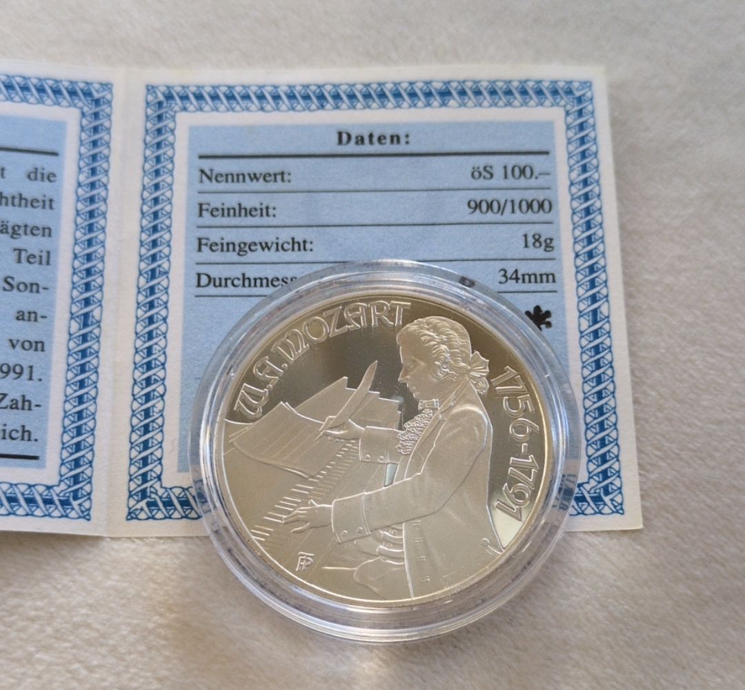 銀貨 1991年モーツァルト没後200年記念 オーストリア100シリング 2枚