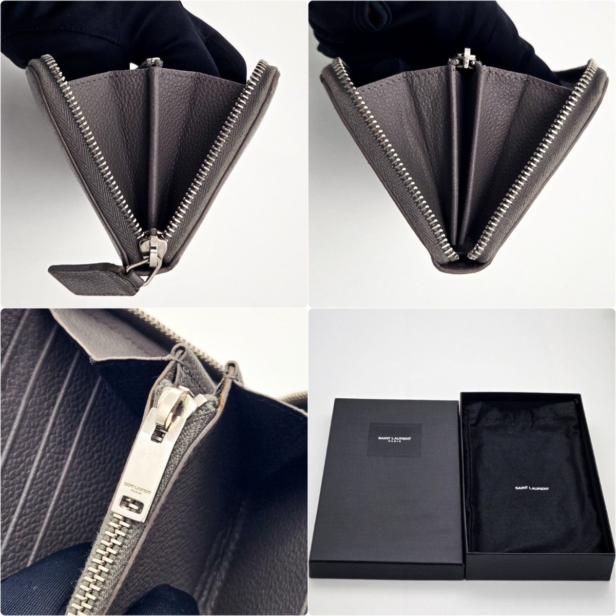 箱/袋付] サンローラン 長財布 プル YSL カサンドラ レザー グレー