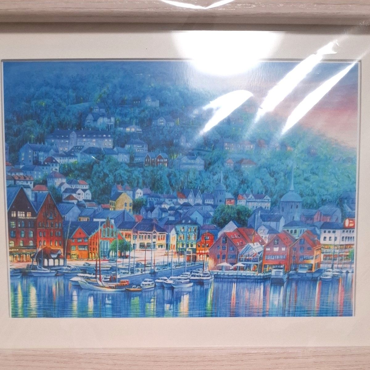 版画の絵画 ヨーロッパ ノルウェー ベルゲン 夕夜景色 風景画 アート