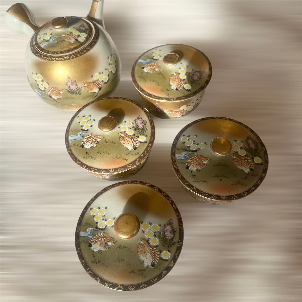 九谷焼 松月 金彩 鶉文 茶器 急須 蓋付湯呑み 湯飲み うずら レトロ