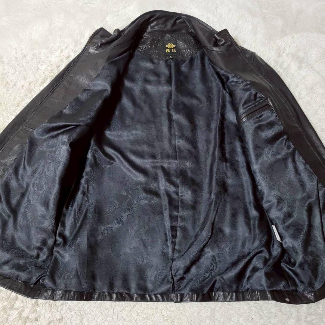 美品 雅結 和柄型押し ラムレザー シングルライダース レザー