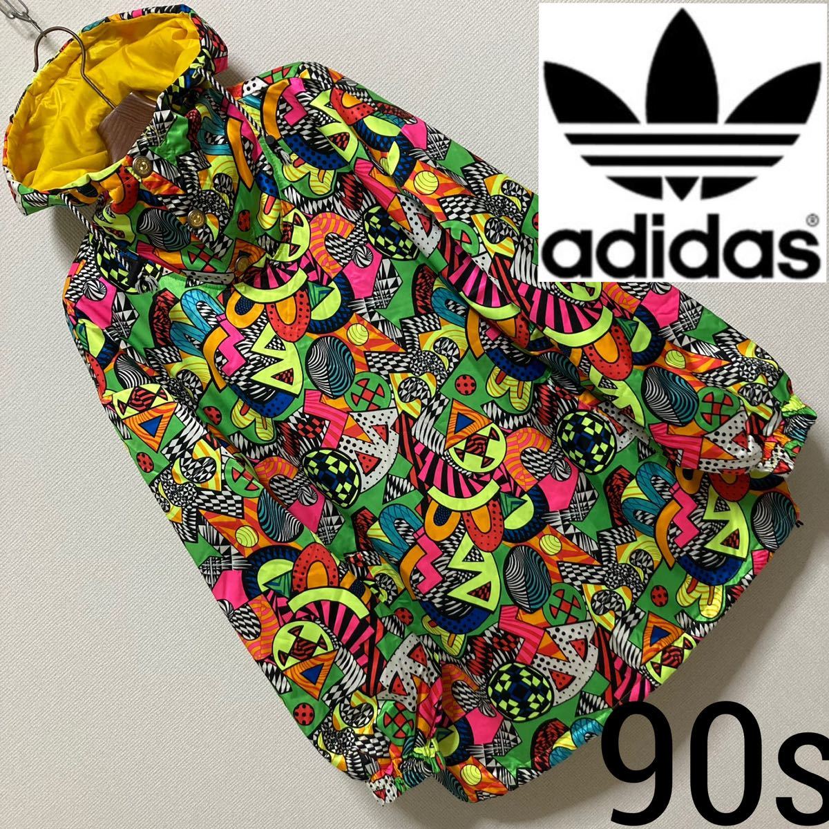 90s Vintage adidas デサント 中綿 アノラック パーカー 総柄 M 蛍光