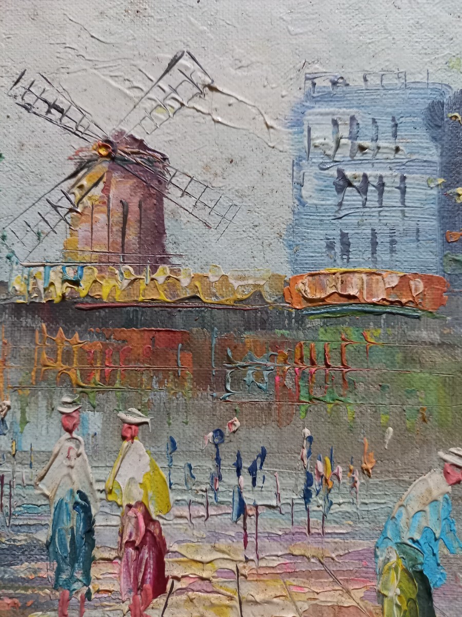手書き油絵 パリの風景 □銘あり□作者詳細不明 ムーランルージュ 油彩