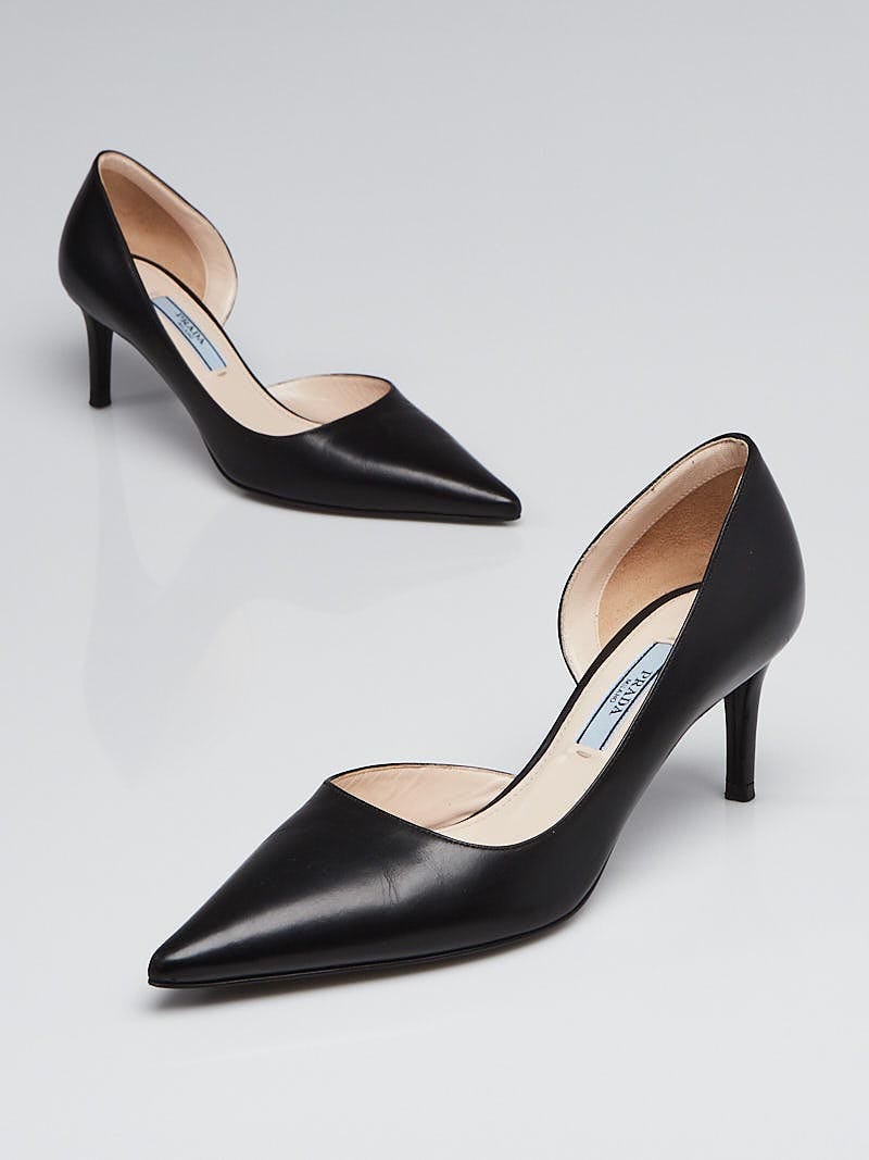 Prada Black Leather d'Orsay Pointed Toe Kitten Heel Pumps Size 4.5