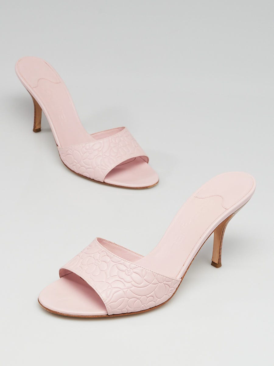 Chanel Pink Camellia Embossed Leather Open Toe Mule Sandals Size